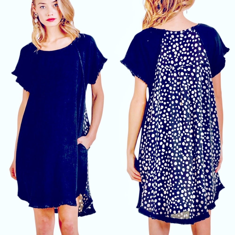 Umgee Linen Cotton Frayed Hem Short Sleeve Bohemian Mixed Media Dot Print Dress